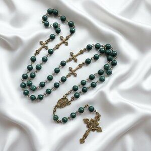 Dark Green Beaded Rosary Antique Brass Crosses Necklace NWOT